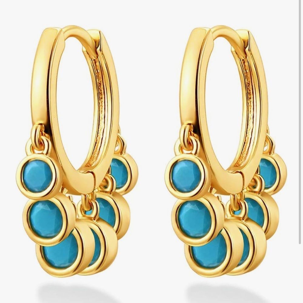 NEW 14k Gold Plated Gold and Blue Dangle Hoop Earrings